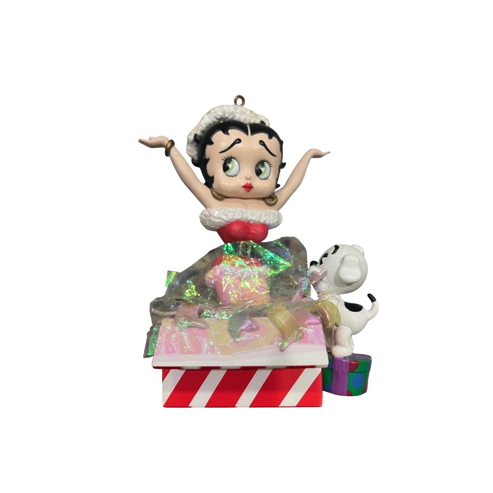 Vintage Betty Boop Christmas Ornament‎ Pudgy Dog Musical Gift Box Santa Outfit